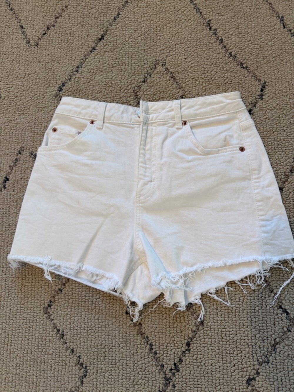 Topshop White Denim Frayed Hem High-Rise Shorts